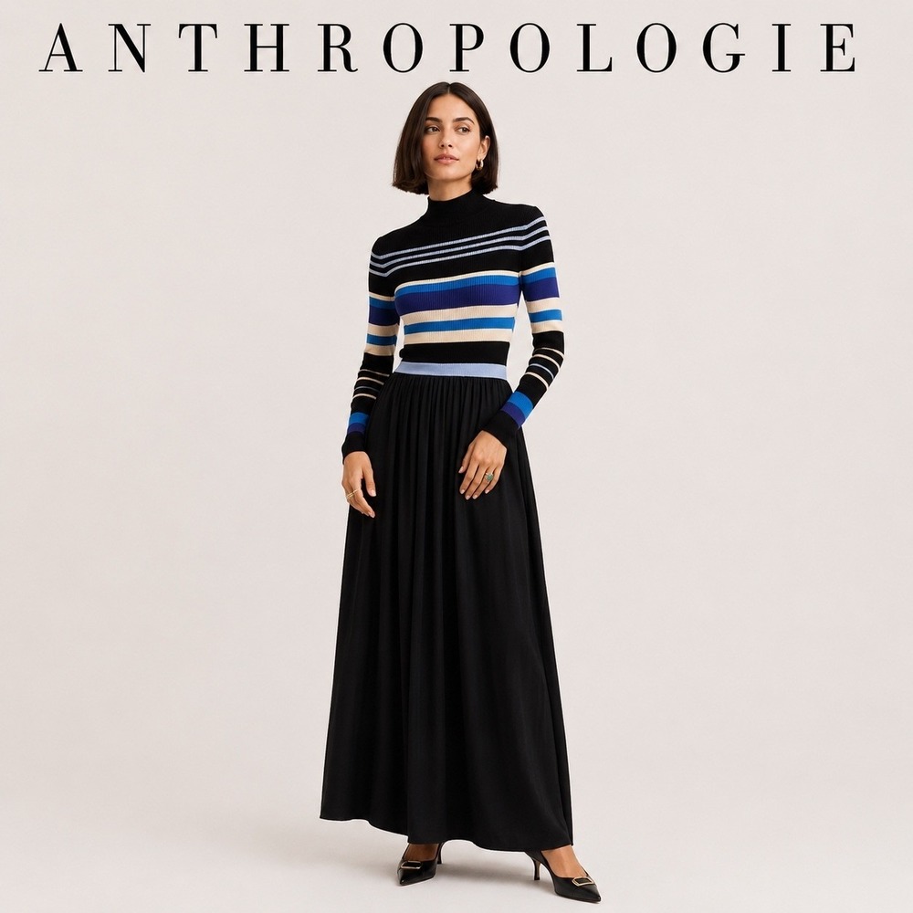 Anthropologie Black Blue Striped‎ Maxi Dress L